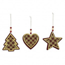 Dekorácia závesná - Vianočné motívy drevené 12 cm bordovo-zlaté, mix 1 ks