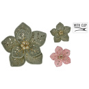 Dekorácia - kvetina na klipe, zelená a ružová 14 cm