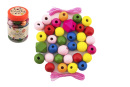 Drevené farebné korálky MAXI s gumičkami 54ks v malej plastovej krabičke